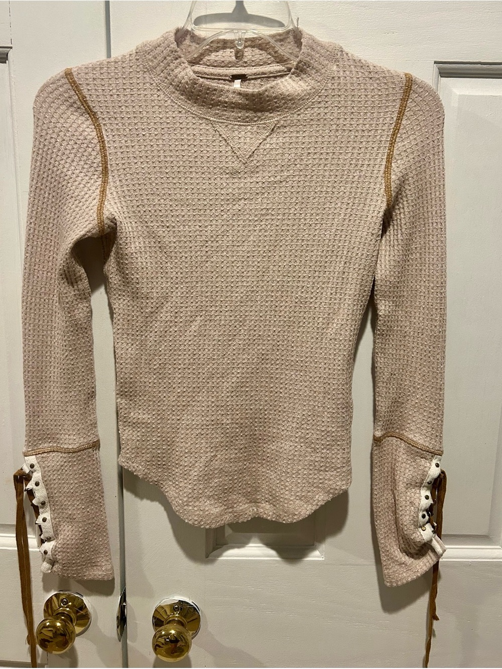 Free People Waffle Knit Mock Neck Top in Blush with Camel Trim